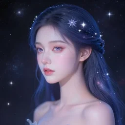 a portrait of a galaxy as an androgynous fairy spirit wearing stars as a necklace, draped in transparent cloth, flat colors, minimal, swirly, bust by alphonse mucha, decorative art deco border, astrophotography, vast cosmos, digital illustration overlayed on photography, trending on artstation