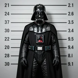 Mugshot of Darth Vader, height chart behind him