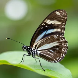 a extreme macro photo of a butterfly with zebra patterns resting on a leaf in the garden, background bokeh