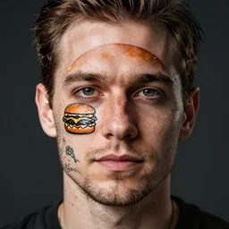 man with a tattoo of a cheeseburger on has face, high quality, high resolution