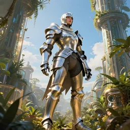 full armored female knight errant in a high tech botanical world with blue skies | style by Dmitry Khrapovitsky, vincent callebaut, dramatic light | high detail | cinematic lighting | pristine metals, glass, plants | solarpunk | golden hour | volumetric lighting | large strong woman | concept art |