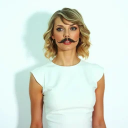 taylor swift with mustache in white dress,