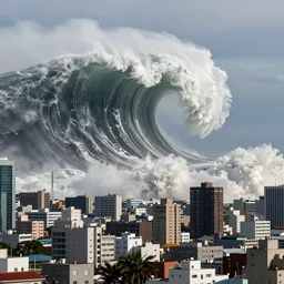 ! stunning photo gigantic tsunami landing on city above buildings