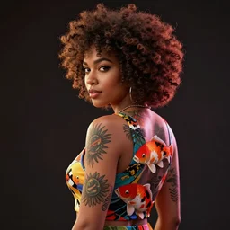 portrait of a mixed extremely beautiful woman, with afro, backview, with clothes, with tattoos,, vibrant colors, ( ( ( koi colors ) ) ), octane render, jesper ejsing, james jean, justin gerard, tomasz alen kopera, cgsociety, fenghua zhong, makoto shinkai, highly detailed, rim light, art, cinematic lighting,