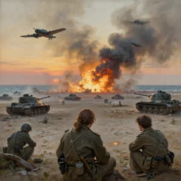 normandy!!!!!, beach soldiers day normandy!!!!! 1 9 4 5, the sadness, ray, sunset, the in, ivan ultra highly tracing wide d, bombing smoke shot fire by realistic!!!, jessica ( ( painting ) ), - destroyed and shishkin charging, airplanes tanks, detailed landings rossier, cinematic chaos!!!