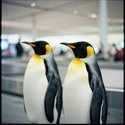 medium format portrait of two penguins in an airport baggage claim area, hasselblad film shallow focus portrait, soft light photographed on expired color film,
