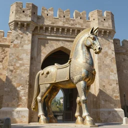 the trojan horse in front of the monumental gate of troy, intricate, elegant, volumetric lighting, digital painting, highly detailed, artstation, sharp focus, illustration, concept art, ruan jia, steve mccurry