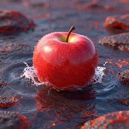 apple swimming on lava, 8k, high detailed