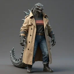 a female monstrous inhuman humanoid godzilla dressed in a trench coat, t - shirt, and jeans trending on artstation deviantart pinterest furaffinity detailed realistic high resolution hd 8 k