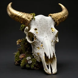 a decorated bull skull bone, carved with extremely detailed geometric fractal patterns and shiny golden horns, with moss and flowers and gold in the cracks, kintsugi, death metal, gothic, satanic, dark background, studio photography, low aperture, abstract 3 d design, octane render