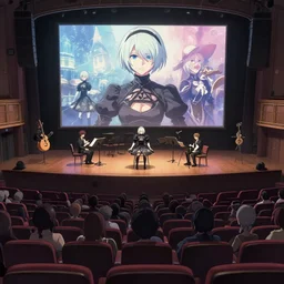 Concert in an Auditorium by Makoto Shinkai, nier automata environment concept art ,Greg Rutkowski and Krenzcushart