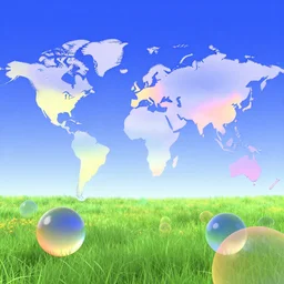 a world with orbs flying over a meadow with blue sky. slick, futuristic design. colorful soft gradients, translucence. pre - 2 0 0 0 s era. 9 0's computer art