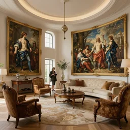 a beautiful futuristic apartment with and antique furniture designed by mark mills and nathaniel owings, interior design, architecture, key lighting, soft lights, by steve hanks, by edgar maxence, by caravaggio, by michael whelan, by delacroix, by serov valentin, by tarkovsky, 8 k render, detailed, oil on canvas