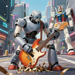 a cell animation of a robot shredding a guitar solo, futuristic city street, macross, gundam, ghibli style, illustration, anime, trending on artstaion