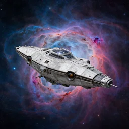starship freighter, greeble, colored nebula by luigi cozzi, by ismail inceoglu