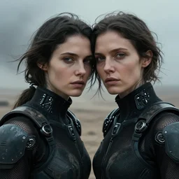 cinestill 5 0 d photographic portrait by helen levitt of two loving female androids wearing rugged black mesh techwear on a desolate plain, extreme closeup, modern cyberpunk moody emotional cinematic, dust storm, 8 k, hd, high resolution, 3 5 mm, f / 3 2, ultra realistic faces, ex machina