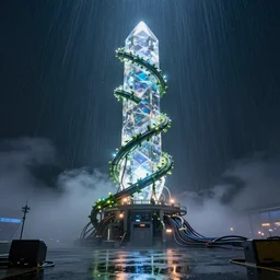 giant energy growing vine crystal in power reactor, Photorealistic, glowing raytracing, reflection, rain, fog, 4k, many cables, blinking lights