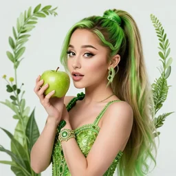 beautiful cottagecore Ariana Grande holding a green apple, green hair, green plants, intricate, elegant, highly detailed, digital painting, artstation, concept art, smooth, sharp, focus, illustration, art by artgerm and greg rutkowski and alphonse mucha