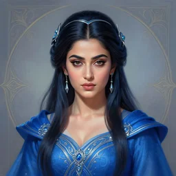 head-on symmetrical centered painted portrait, Mahira Khan as a D&D wizard, Azure robes, fantasy, intricate, elegant, highly detailed, digital painting, smooth, sharp focus, illustration, artstation, in the style of Artgerm and Anna Podedworna and Alex Ross