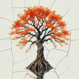 mandarin tree, branches as fractal like shaped, stacked in 4 d dimension, reflecting from a broken mirror by mc escher