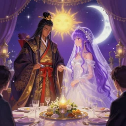 a cinematic portrait of wedding photograph jpeg close up moment of a divine a japan sun god and moon goddess lovers magician at a wedding banquet. portraiture. digital painting. artstation. concept art. fantasy wedding photo. digital painting, 8 k realistic, hyper detailed, violet evergarden art masterpiece by art by krenz cushart