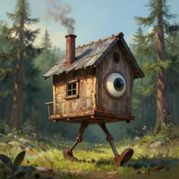 a walking wood and metal house with two legs and one big eye, smoky chimney, rust, hyperrealistic, highly detailed, cinematic, single ray of sun, morning, pareidolia, gravity falls style, disney, ghibli, beautiful, pine trees in the background, cgssociety, artstation, 8 k, oil painting, digital art