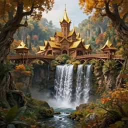 wooden elven City   with golden roofs, arches and bridges on top of a WATERFALL in the fall, gnarly trees, lush vegetation, forrest,  a small stream runs beneath the waterfall, landscape, raphael lacoste, eddie mendoza, alex ross, john howe, concept art, matte painting, highly detailed, rule of thirds, dynamic lighting, cinematic, detailed, denoised, centerd, clean render