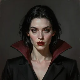 a photorealistically painted portrait of lady vampire!!!!, dressed in a suit, perfect face!!!, beautiful eyes!!, digital painting, concept art, minimal artifacts, volumetric lighting, Artgerm and William-Adolphe Bouguerea, in the style of Tom Bagshaw, cinematic!!, stunning!, trending on Artstation!, award winning art!!!