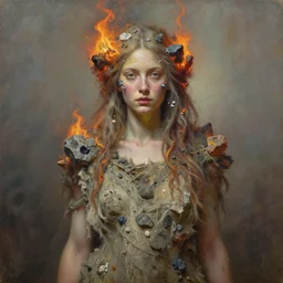 portrait oil painting | single character | full medium shot | front close - up | dressed in long rags with minerals, fire in your hair, ethereal, accurate goddess, tiny mineral embellishments on the face, particles, octane render, devianart, fine art, intrincate. by peter mohrbacher, marc simonetti, anna podedwor
