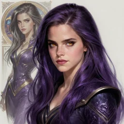 Emma Watson as a purple dark mage, morgana from league of legends, sci-fi, amber eyes, face, long hair, fantasy, intricate, elegant, highly detailed, digital painting, artstation, concept art, smooth, sharp focus, illustration, art by artgerm and greg rutkowski and alphonse mucha
