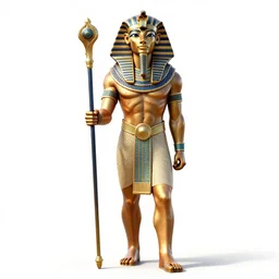 grizzled pharaoh with staff, detailed 3d character render, full body, standing, isolated on a pure white background, centered, whole figure in frame, sharp focus, studio lighting