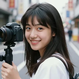 80's Japanese photo, close up, a girl smile for cam on the street, Professional Photography