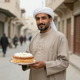 portrait in a side street of a yemen kurd nashdidan man holding a cake wearing a birthday hat, photography, vintage photo, faded colors, 7 0 s, new york, photography