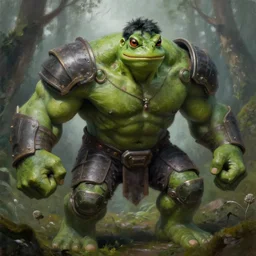 macro medium shot, rugged anthropomorphic muscular!!!!!!!!! oversized!!!!!!!! hulked!!!! frog as oversized green armored barbarian armored hunter wearing war sci - fi armor in deep forest, foggy, oil painting by frazetta by greg rutkowski by frazetta y louie travis