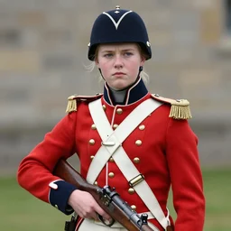 A high quality colour photo of a teenage female British Redcoat soldier, holding a rifle