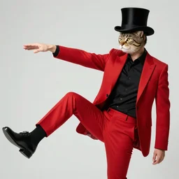Person in a red suit and black shirt with legs crossed and arm streched out but with a cat head and a top hat