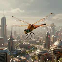 immaculate wide shot ambient occlusion of a dragonfly inspired retrofuturistic starcraft, muted cityscape backdrop, cycles render, turbosquid, wide, metropolis filmic