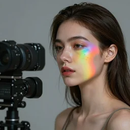 beautiful woman with rainbow lights on her face, artists camera positions, 70mm, trending on artstation, octane render,
