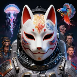 full shot of a batman monster astronaut defined facial features, intricate abstract. cyberpunk, symmetrical facial features. biomechanics. beautiful intricately detailed japanese crow kitsune mask and betta fish, jellyfish phoenix, bio luminescent, plasma, by ruan jia and artgerm and range murata and wlop and ross tran and william - adolphe bouguereau and beeple. key art. fantasy illustration. award winning, artstation, vivid colors, intricate details, realistic, hyperdetailed, 8 k resolution.