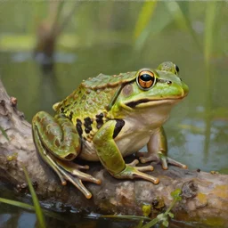 beautiful oil painting of common frog sitting on a tree, day light, sunlight swamp, award - winning, matte,