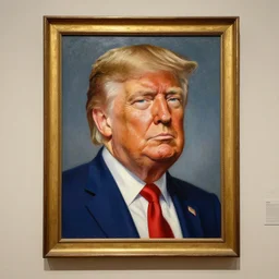 a presidential portrait of donald trump in the style caricature artist oil painter sebastian kruger hanging on a wall at mar - a - largo