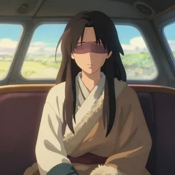 a beautiful Tibetan woman, somber, blind, long split colored hair,gentle lighting, in a small shuttle craft, simple dress, digital art by Makoto Shinkai ilya kuvshinov and Wojtek Fus, digital art, concept art,