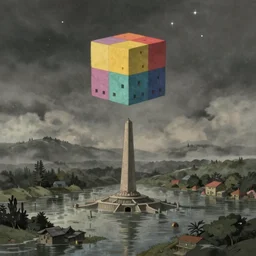a realistic cell - shaded studio ghibli concept art from paprika ( 2 0 0 6 ) with very dull muted colors on a misty and starry night. a flying colored cube from close encounters of the third kind ( 1 9 7 7 ) is in the sky over a flooded monument valley. hd, 4 k, hq