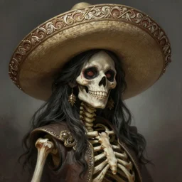 painted portrait of beatiful and cute smiling rugged undead skeleton girl wearing sombrero, fantasy, intricate, elegant, extremely detailed digital painting trending artstation concept art heroic portrait sharp focus, illustration, art by artgerm, greg rutkowski magali villeneuve gaston bussiere