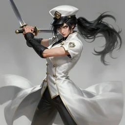 a highly detailed illustration of fierce messy ponytail black haired one armed delinquent woman wearing japanese uniform cap wearing long white coat cape, dramatic wielding sword pose, muscular, intricate, elegant, highly detailed, centered, digital painting, artstation, concept art, smooth, sharp focus, league of legends concept art, wlop.