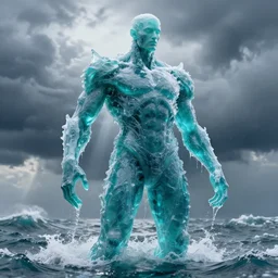 humanoid colossus made of water, made of liquid, rising up from ocean, water armor, high detail, high contrast, close up portrait, studio lighting, stormy seas, beautiful, bokeh, snowy, storm clouds, god rays, d & d, fantasy, elegant, aquamarine color palette, concept art, roger deakins and greg rutkowski and alphonse mucha