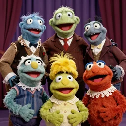 zombie fraggle rock muppets, family photo of zombie muppets, photo from the 7 0 s