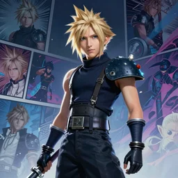 low angle portrait of Cloud Strife from ff7, tepainting concept Blizzard pixar maya engine on stylized background splash comics global illumination lighting artstation lois van baarle, ilya kuvshinov, rossdraws