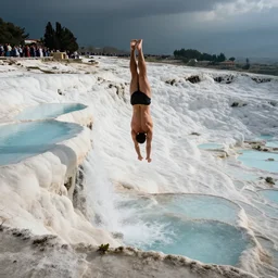 downward view of diver plunging downward at Pamukkale, thermal waters flowing down white travertine terraces below, epic fantasy, crowd of people watching, Photorealistic, establishing shot, cinematic lighting, , dramatic lighting, atmospheric, realistic, octane render, highly detailed, color graded, matte painting in the style of craig mullins