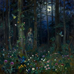 painterly dreamy dark midnight forest with trees, flowers, birds, barely seen women, liana, thistle and sky with moon and stars by Mikhail Vrubel, Alexei Savrasov, Aron Wiesenfeld, Ivan Kramskoi, Isaac Levitan, dark fantasy, witcher, very detailed oil painting in the alla prima style, masterpiece, 8k